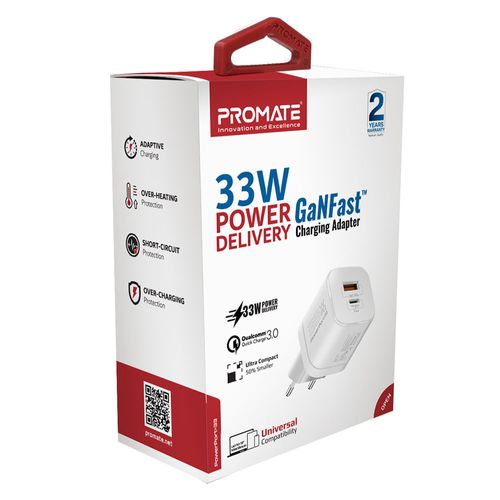 Cargador de pared PROMATE Powerport-33 33w usb-c/a blanco