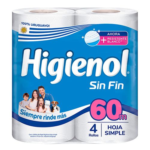 Papel higiénico HIGIENOL sin fin plus x 4 un. 60m