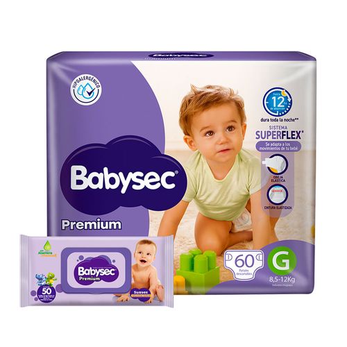 Pañal BABYSEC premium G 60 un. + toallas húmedas de regalo