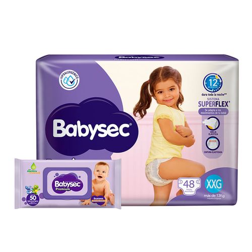 Pañal BABYSEC premium XXG 48 un. + toallas húmedas de regalo